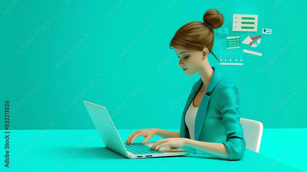 3D woman character typing on a laptop, with a strategic partnership plan in the background, plain teal setting 3D woman character typing on a laptop, with a strategic partnership plan in the background, plain teal setting