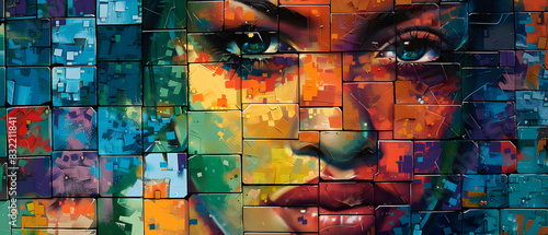 An intricately detailed mural combining a woman's face with mosaic-style geometrical elements