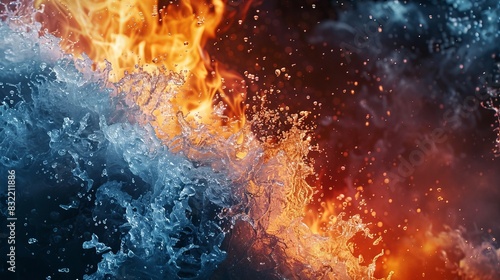 Fire and water clash .Fire and water isolated on black background. Opposite energy. photo
