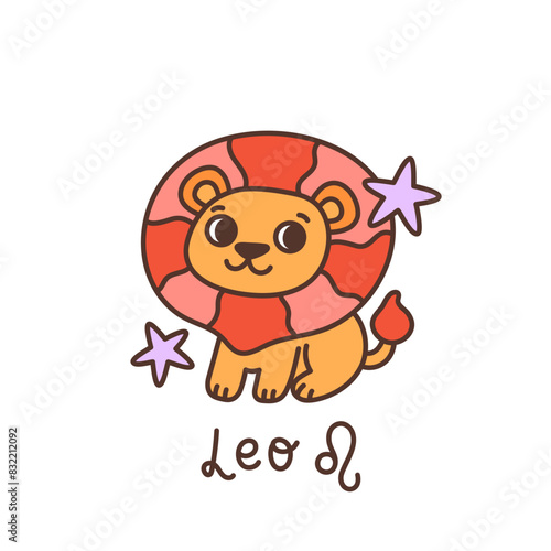 Groovy Leo  zodiac sign. Little lion celestial animal in astrology  horoscope symbol in vintage style. Star constellation  the fire element. Cute cartoon character. Isolated vector illustration