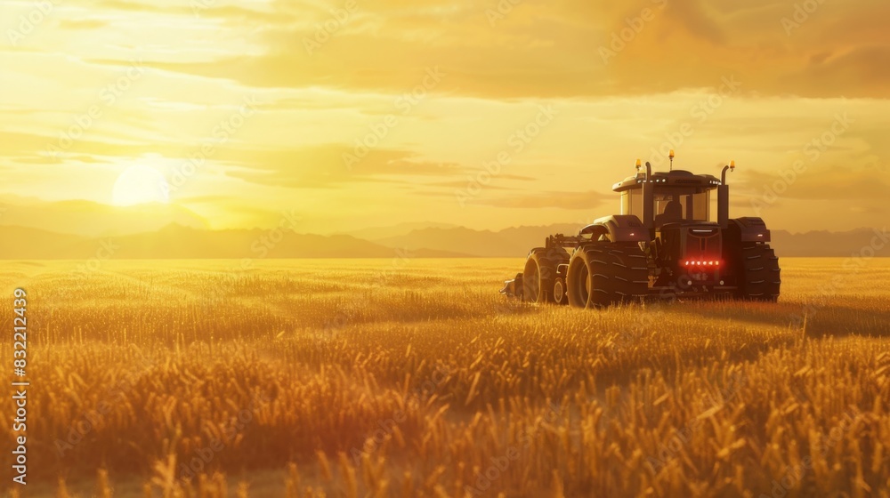 Fototapeta premium An autonomous tractor plowing a large wheat field at sunrise, with GPS systems visible, in a hyper-realistic style, with warm golden tones. --ar 16:9 --style raw 