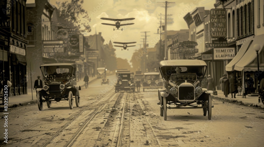 An early 20th-century American street with vintage cars and the first aviation trials, in a sepia-toned historical photograph style. --ar 16:9 --style raw Job ID: fee826d0-7a50-47c0-b69f-9dab9116a82b