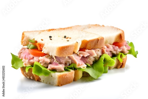 A sandwich with meat and lettuce on a white plate.