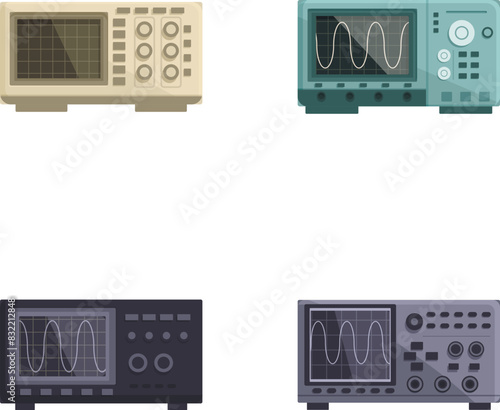 Collection of four isolated vintage oscilloscope designs, in a flat illustration style