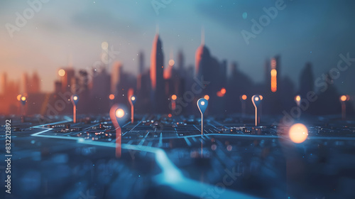 An image depicting a blurred futuristic city background with sharp glowing location pins in the foreground photo