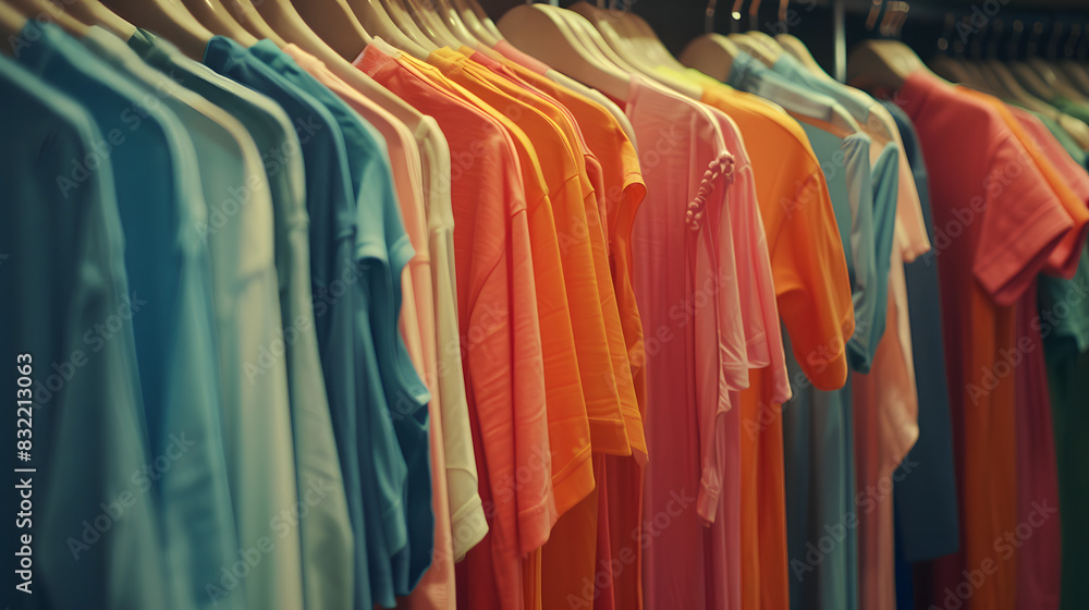 Multiple shirts in a color gradient from blue to red on a display rack for sale in a retail space Multiple shirts in a color gradient from blue to red on a display rack for sale in a retail space