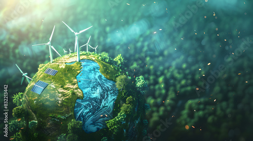 An imaginative portrayal of the Earth with lush greenery equipped with wind and solar energy facilities, symbolizing a green future photo
