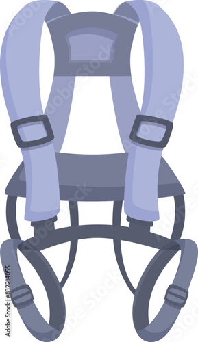Cartoon illustration of a purple safety harness for fall protection in the construction industry, featuring adjustable and secure design