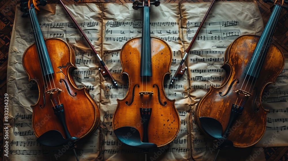 Fototapeta premium Assorted musical instruments scattered on symphony sheet music for a harmonious ensemble