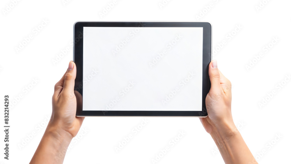 A woman holds a blank digital tablet in her hands, ready to communicate with a touch A woman holds a blank digital tablet in her hands, ready to communicate with a touch
