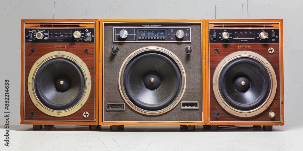 Fototapeta premium Classic stereo system ad with large speakers and bold fonts, isolated white background, high detail, vintage audio