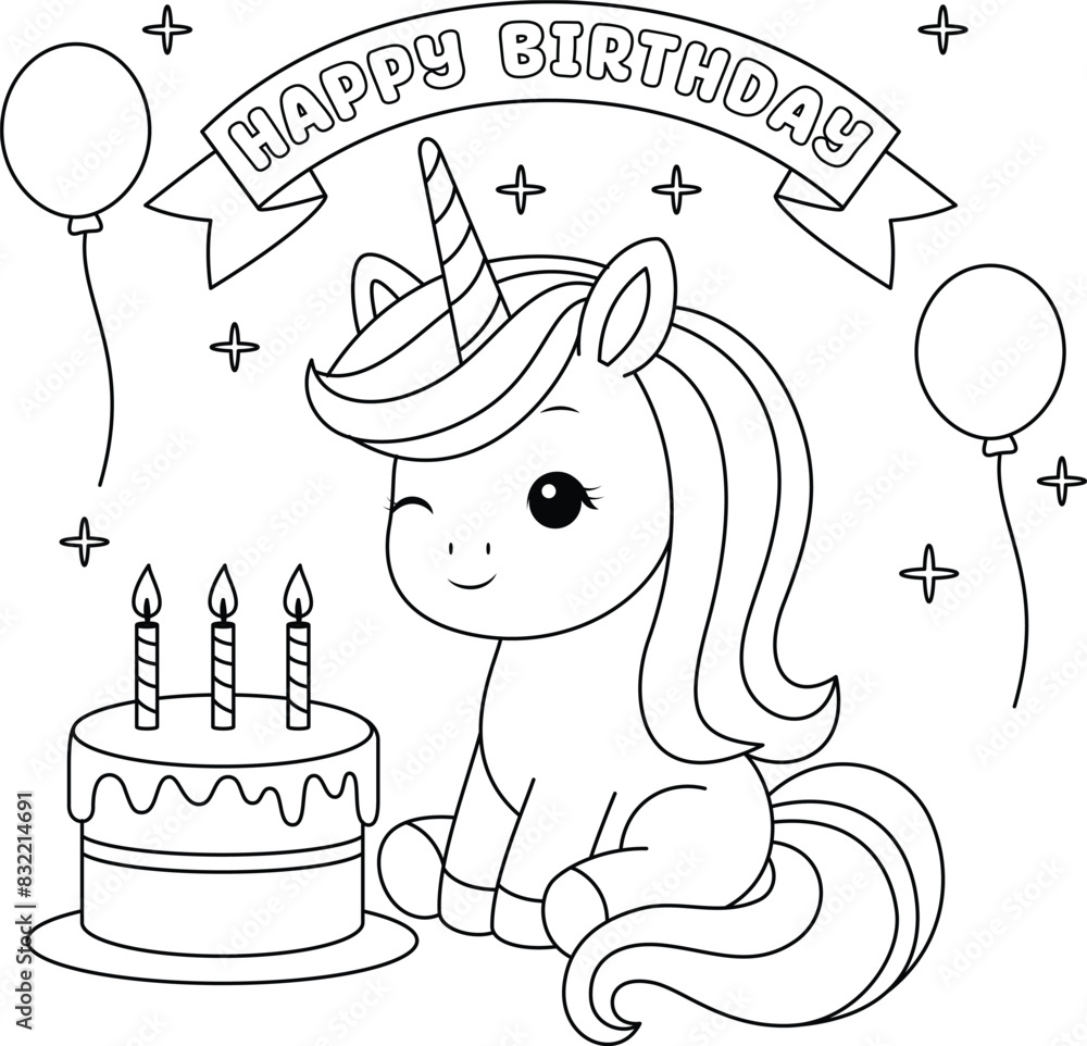 Cute kawaii happy birthday unicorn with birthday cake coloring page for