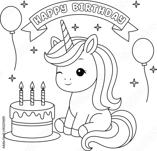 Cute kawaii happy birthday unicorn with birthday cake coloring page for kids. Animal outline doodle colouring page isolated on white background. Wild animal coloring book for kids