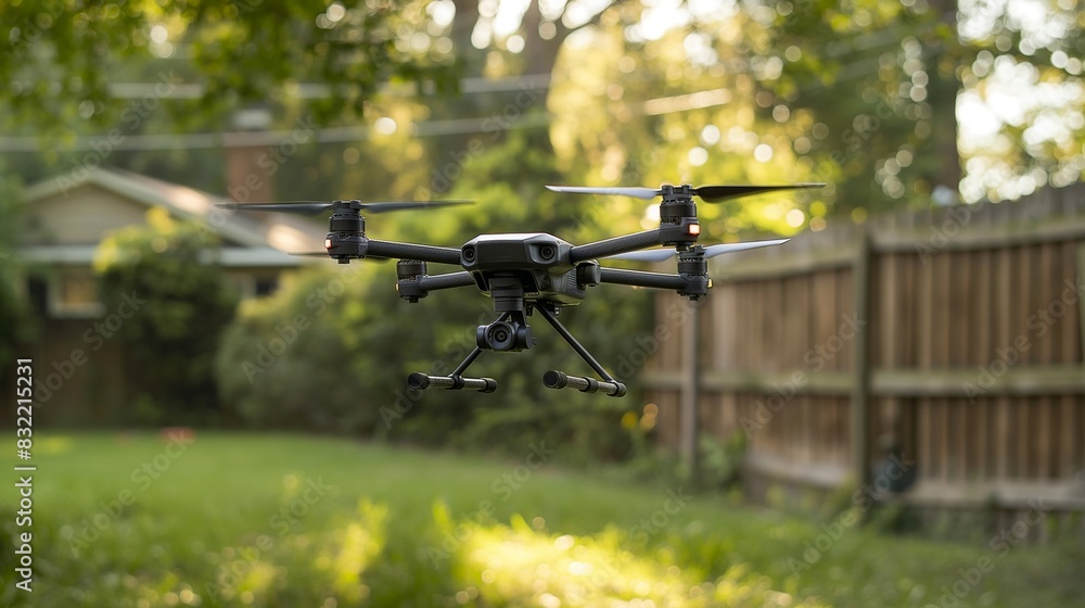 Naklejka premium A compact drone hovering in a backyard, programmed to follow a pre-set path for home security surveillance, featuring night vision capabilities.
