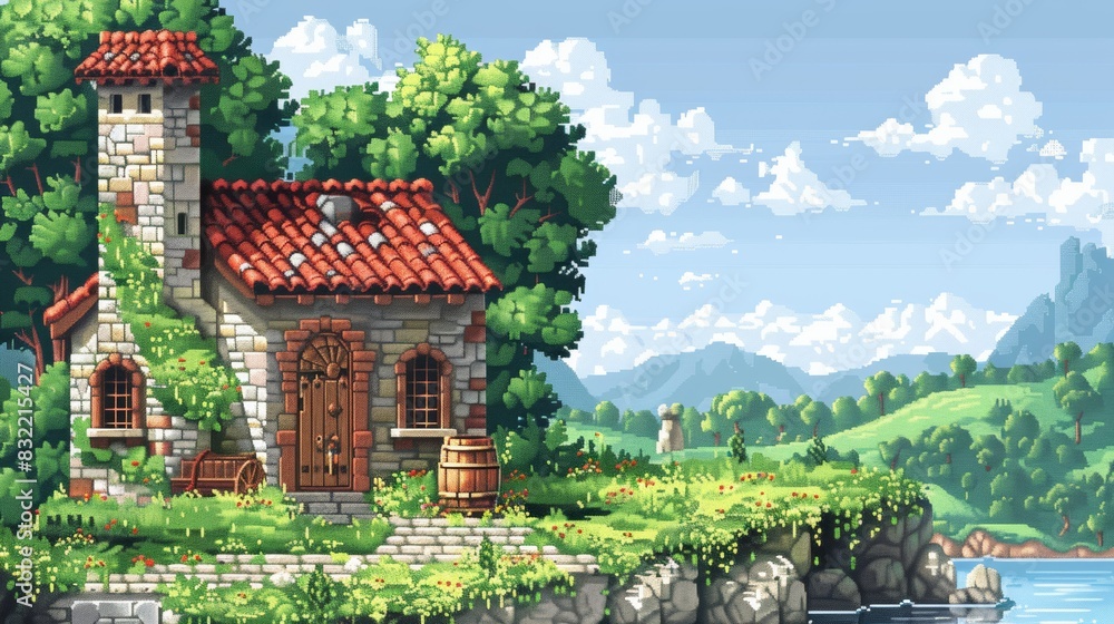 Fototapeta premium Classic pixel art video game scene, isolated white background, high detail, copy space