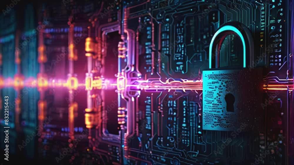 Digital lock icon on intricate circuitry, symbolizing cybersecurity and data protection Digital lock icon on intricate circuitry, symbolizing cybersecurity and data protection