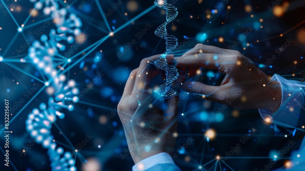 Doctor touching icon DNA. Digital healthcare and medical diagnosis of patient with network connection on modern interface. Healthcare and medical concept Doctor touching icon DNA. Digital healthcare and medical diagnosis of patient with network connection on modern interface. Healthcare and medical concept