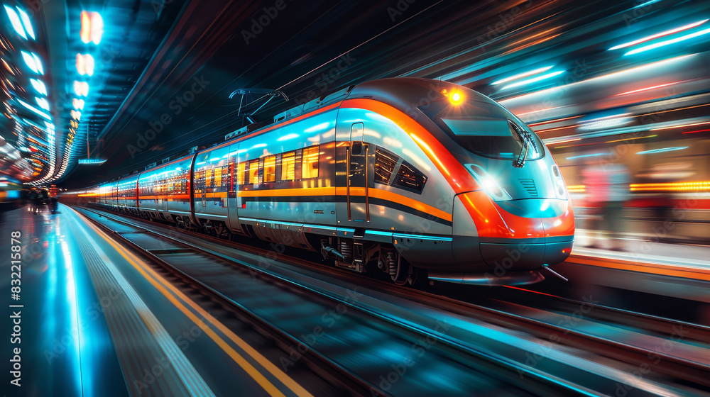 The movement of a high-speed train in blur in a glowing underground tunnel The movement of a high-speed train in blur in a glowing underground tunnel