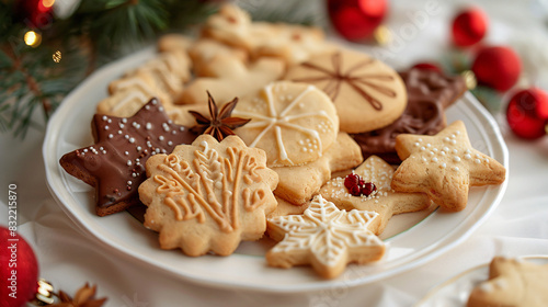 Different tasty Christmas cookies on white plate closeup