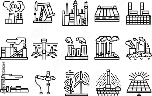 Alternative energy sources black line icon sets.