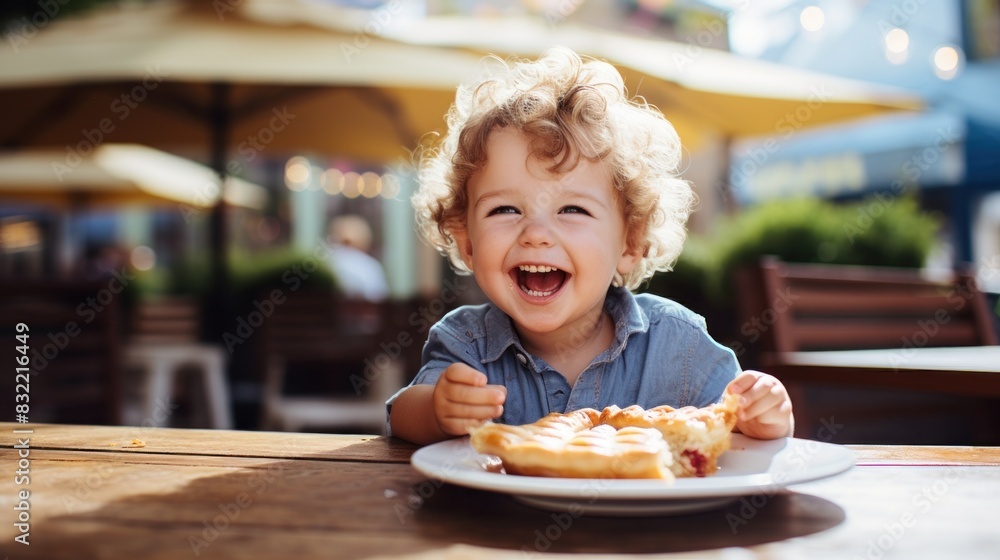 Cute little boy eating dessert apple pie in a cafe. Cute little boy eating dessert apple pie in a cafe.