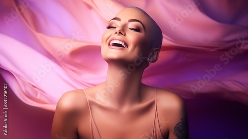 Portrait of a beautiful young woman with shaved head. Bald hairstyle.