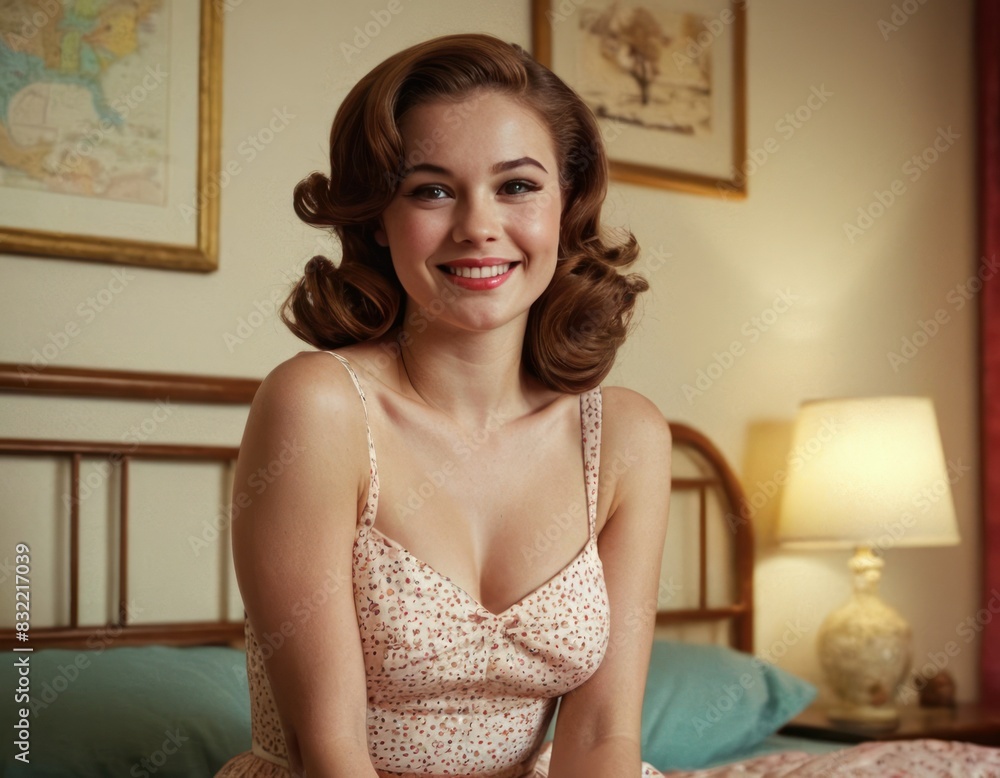Beautiful smiling woman pin-up style portrait in retro dress and makeup in bedroom. Generative AI Beautiful smiling woman pin-up style portrait in retro dress and makeup in bedroom. Generative AI