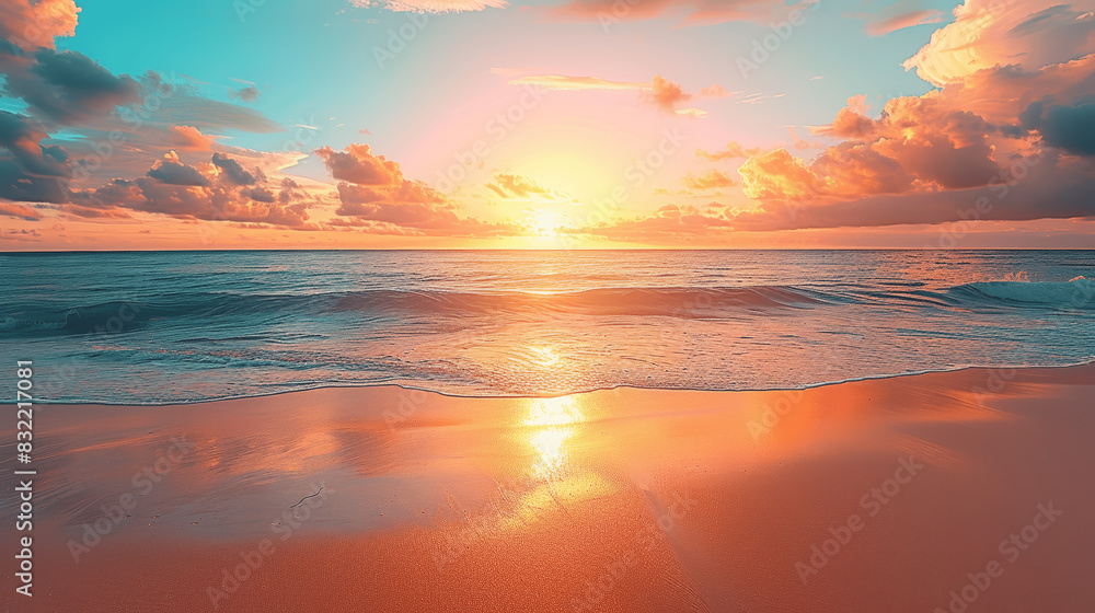 Fototapeta premium Tropical Beach Sunset Panorama with Vibrant Sky and Golden Sands