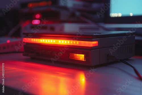 Classic 1990s dialup modem with flashing lights, closeup, isolated, high resolution, copy space photo