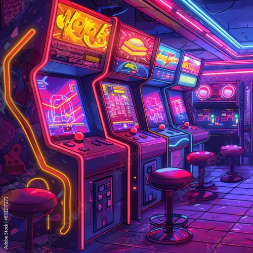 Retro arcade with neon lights photo