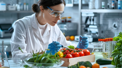 Lab technician in white coat examining fresh vegetables with scientific equipment in a well-equipped lab environment © Janina
