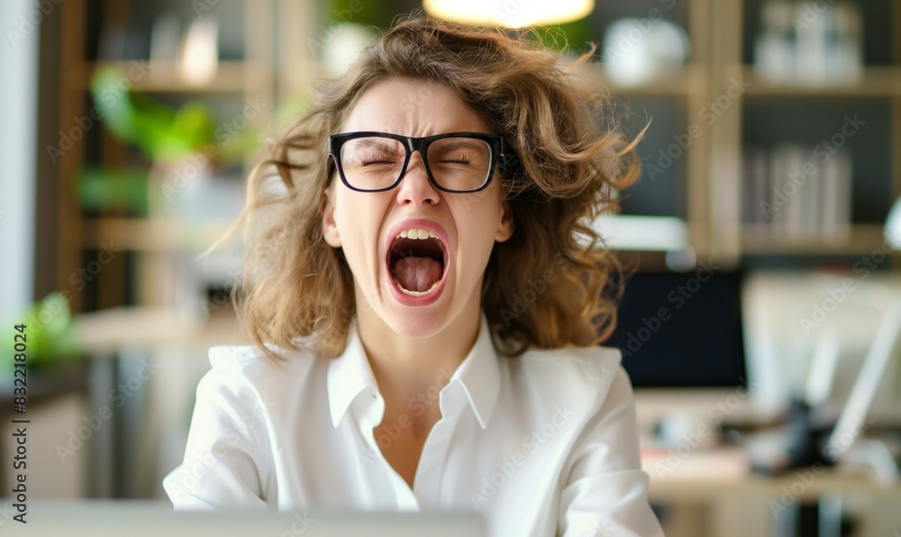 Frustrated woman with glasses screaming in office Frustrated woman with glasses screaming in office