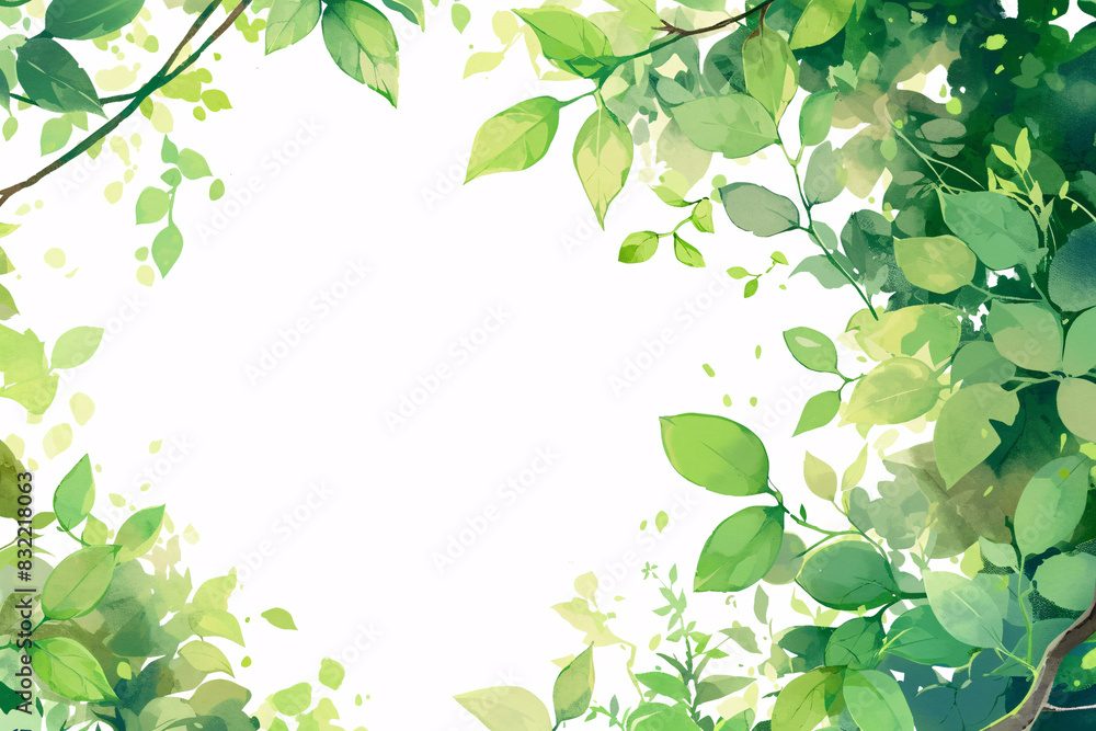 Bright green leaves forming a border around a white background creating a fresh and natural feel Bright green leaves forming a border around a white background creating a fresh and natural feel