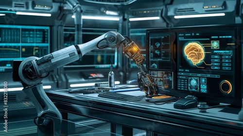 A conceptual image of a neural implant being calibrated by a robotic arm in a futuristic lab, with neural activity feedback displayed on surrounding monitors.