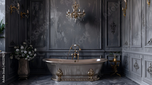 Luxury vintage elegant dark bathroom interior opulence decor style traditional with dark background
 photo