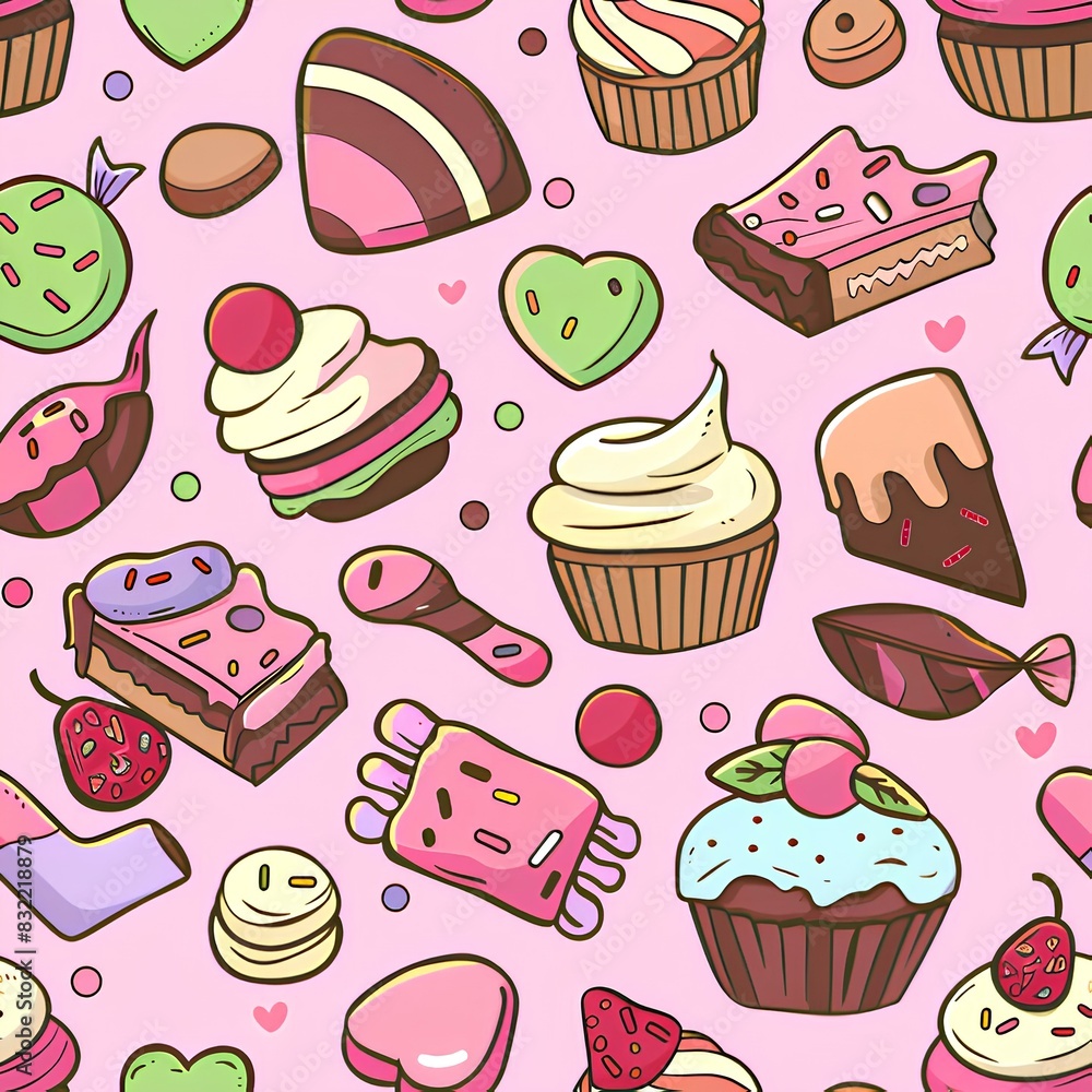 Delicious pastel desserts, cupcakes, and candies punctuate each element, seamless pattern Delicious pastel desserts, cupcakes, and candies punctuate each element, seamless pattern