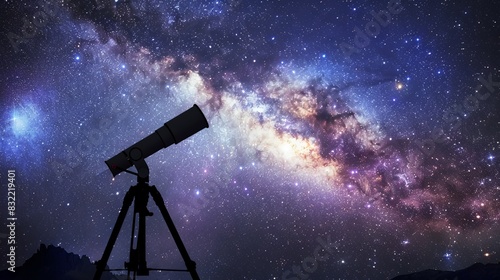 Telescope under the starry night sky capturing the Milky Way galaxy  showcasing the wonders of the universe with vibrant cosmic colors.