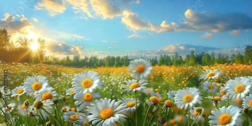 Blooming daisies in a sunny meadow with vibrant wildflowers and a clear blue sky on a beautiful summer day 