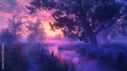 Enchanting misty landscape at sunset with purple and pink hues, a serene river, and a majestic tree reflecting in calm waters.