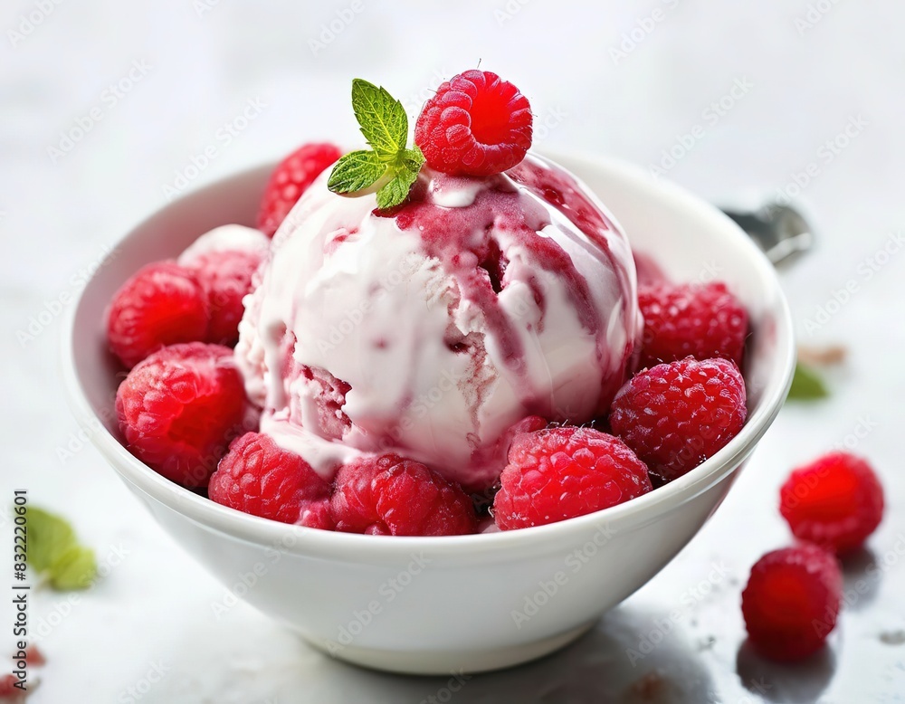 ice cream with raspberries in a bowl. summer dessert. ice cream with raspberries in a bowl. summer dessert.