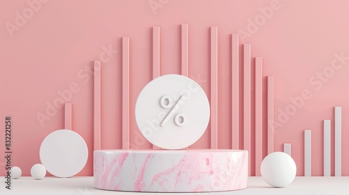 Marble podium with percentage sign, pink and white parallelograms around. © Arbaz