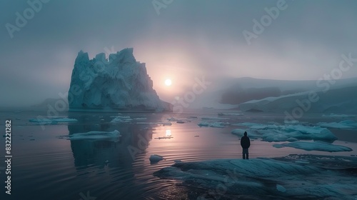 Antarctic Nature Landscape with Icebergs in Greenland Ice-Fjord at Midnight Sun