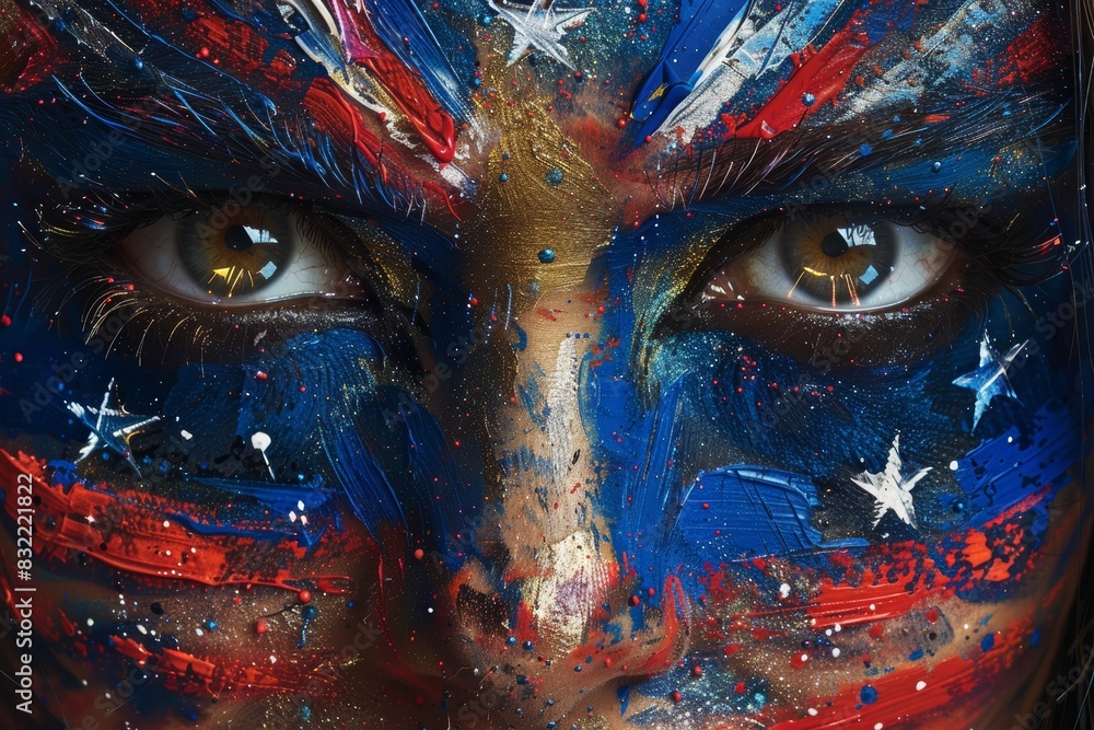 Birds-eye view of a face painted with USA flag colors