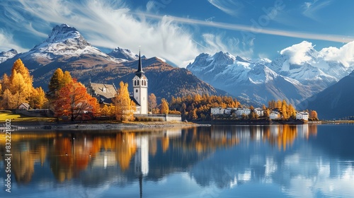Stunning Autumn View of San Lurench Church in Sils im Engadin Village with Sunny Swiss Alps Landscape and Sils Lake, Switzerland photo