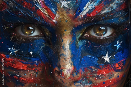 Birds-eye view of a face painted with USA flag colors