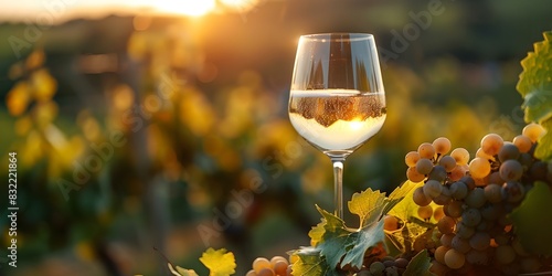 Sunny vineyard backdrop with a glass of white wine. Concept Vineyard Photoshoot, Wine Tasting, Sunny Outdoor Setting, White Wine Glass, Elegant Portraits
