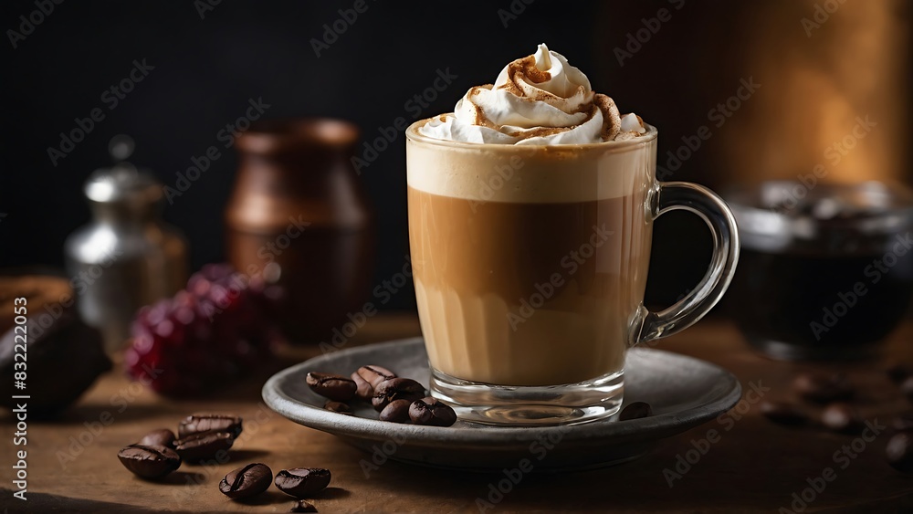 Coffee latte with whipped cream on top, placed on a wooden surface. Surrounding the cup are several coffee beans Coffee latte with whipped cream on top, placed on a wooden surface. Surrounding the cup are several coffee beans