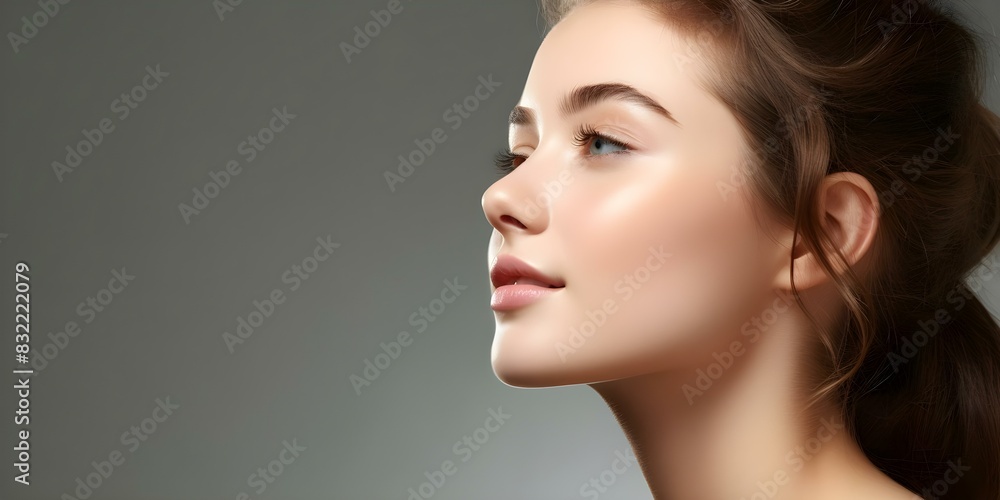Profile of a young woman with a prominent aquiline nose against a gray background. Concept Portrait Photography, Aquiline Nose, Gray Background, Young Woman, Profile Shot Profile of a young woman with a prominent aquiline nose against a gray background. Concept Portrait Photography, Aquiline Nose, Gray Background, Young Woman, Profile Shot