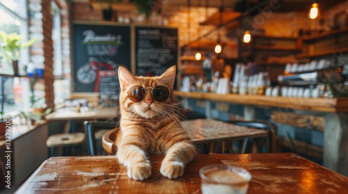 A cat wearing sunglasses is sitting on a table in a restaurant. The cat is looking at the camera and he is enjoying its time. The restaurant has a cozy and welcoming atmosphere, with tables