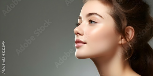 Profile of a young woman with a prominent aquiline nose against a gray background. Concept Portrait Photography, Aquiline Nose, Gray Background, Young Woman, Profile Shot photo